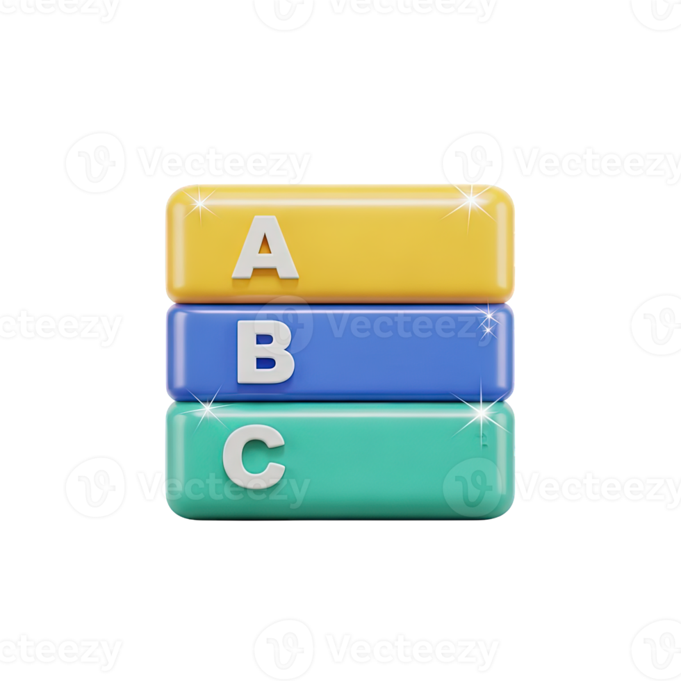 Stacked ABC blocks 3D icon for learning, education, or basic principles. Isolated render for educational apps, children's games, concept presentations. Colorful teaching graphic. png