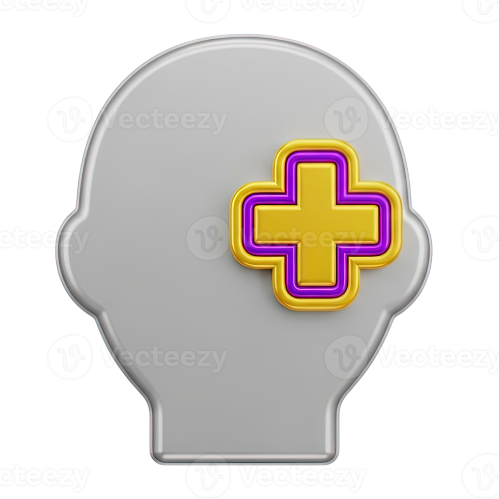 Head silhouette with yellow medical cross 3D icon for mental health, medical thought, healthcare pro. Isolated render for psychology services, hospital branding. Symbolic mind care graphic. png