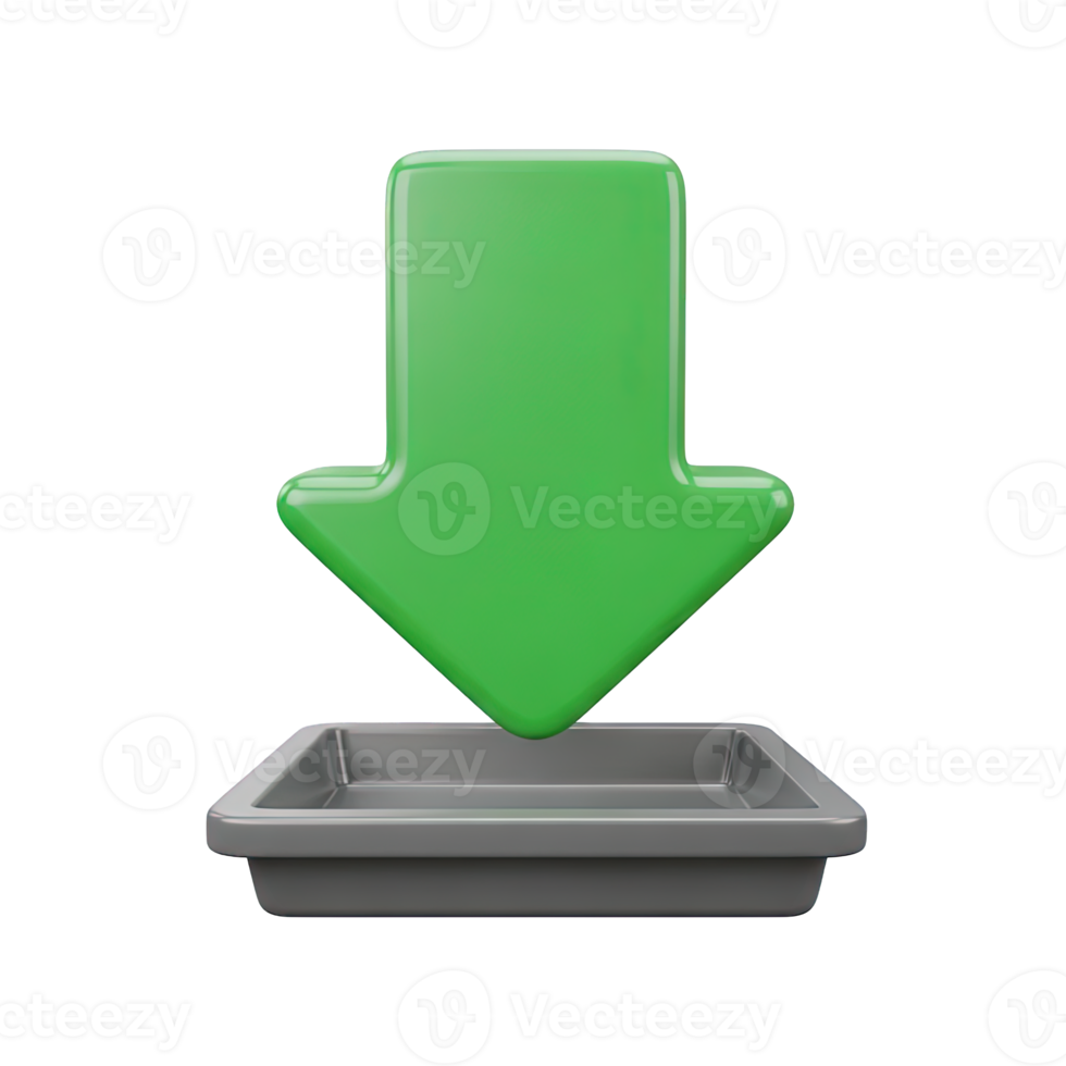 Download 3D icon with green arrow and tray for file saving and data transfer. Isolated render for software updates, document archiving, cloud storage UIs. Modern graphic. png