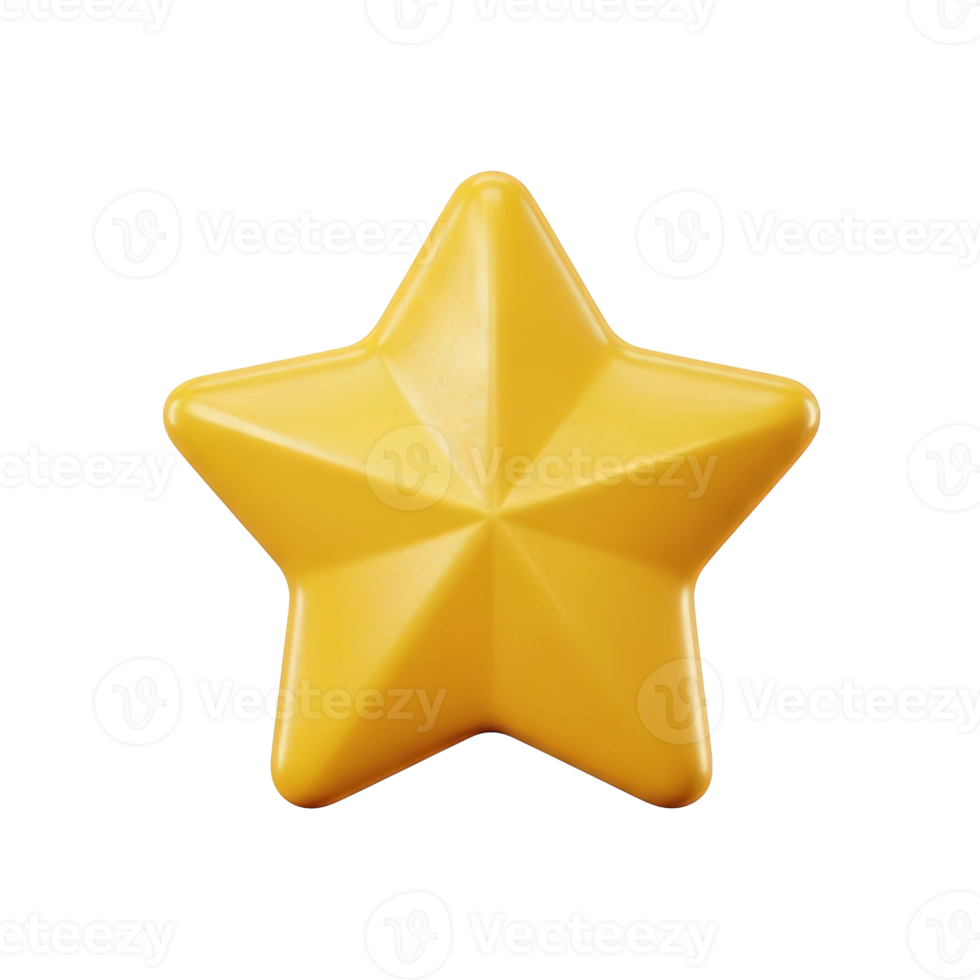 Bright yellow star 3D icon for excellence, rating, and favorite marking. Isolated render for achievement systems, customer reviews, bookmarking. Shiny graphic for UI and games. png
