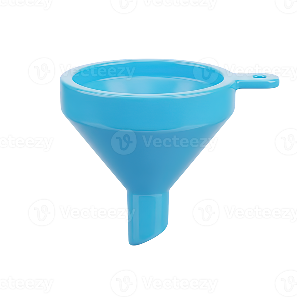 Blue funnel 3D icon for filtering, conversion, and data processing. Isolated render for sales funnels, analytics dashboards, process visualization. Clean graphic for web marketing. png