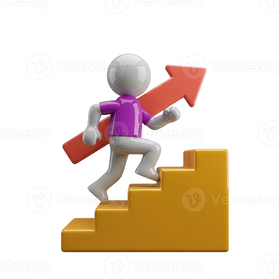 Figure climbing stairs 3D icon for progress, growth, and career advancement. Isolated render for business presentations, self improvement apps. Motivational graphic for websites. png