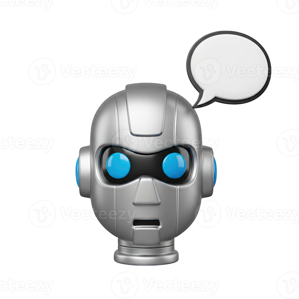 Robot head with speech bubble 3D icon for AI chatbot communication or virtual assistant. Isolated render for tech support, customer service, AI presentations. Futuristic graphic. png