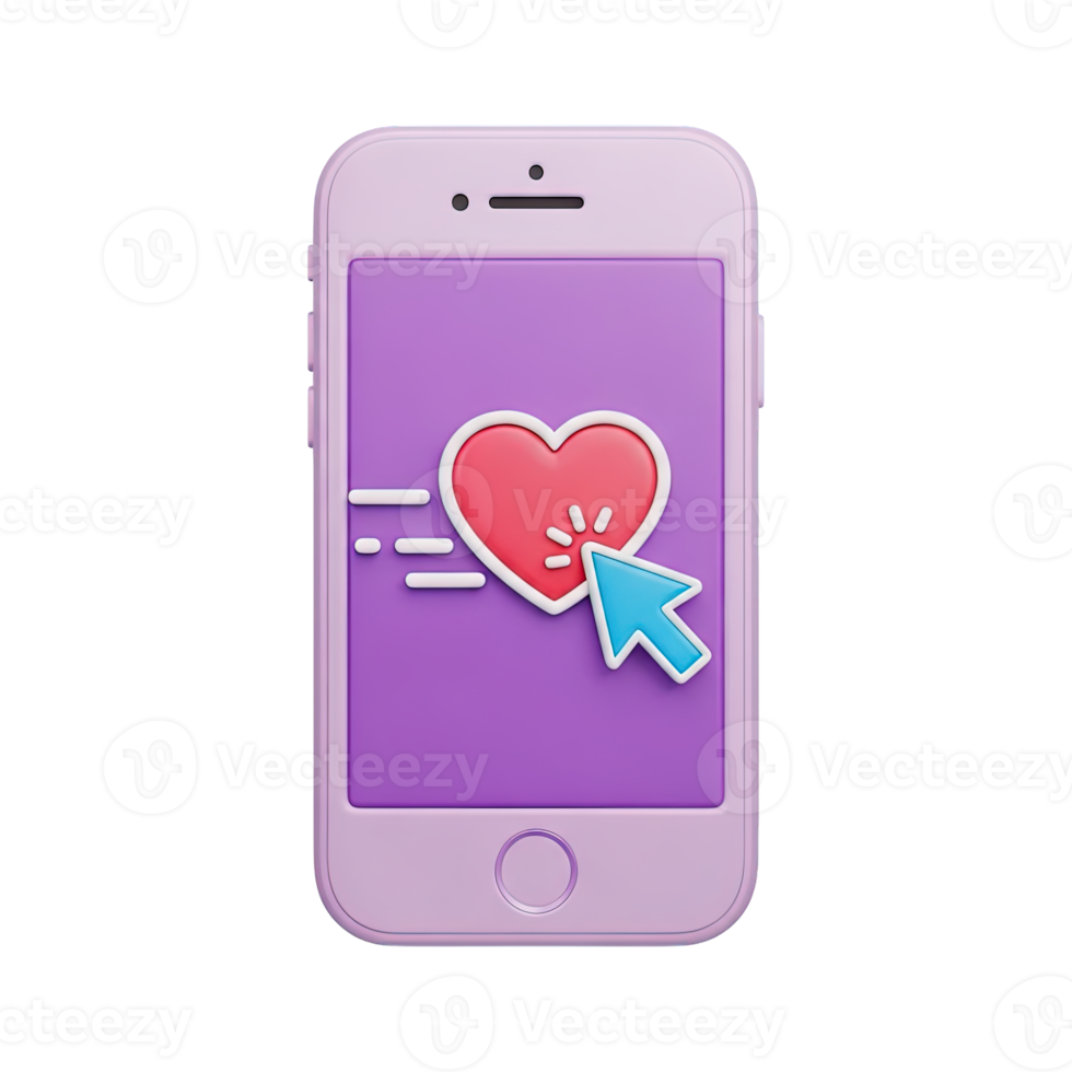 Smartphone with heart notification 3D icon for dating app match, social media like, or health alert. Isolated render for mobile UIs, communication platforms. Vibrant digital affection graphic. png
