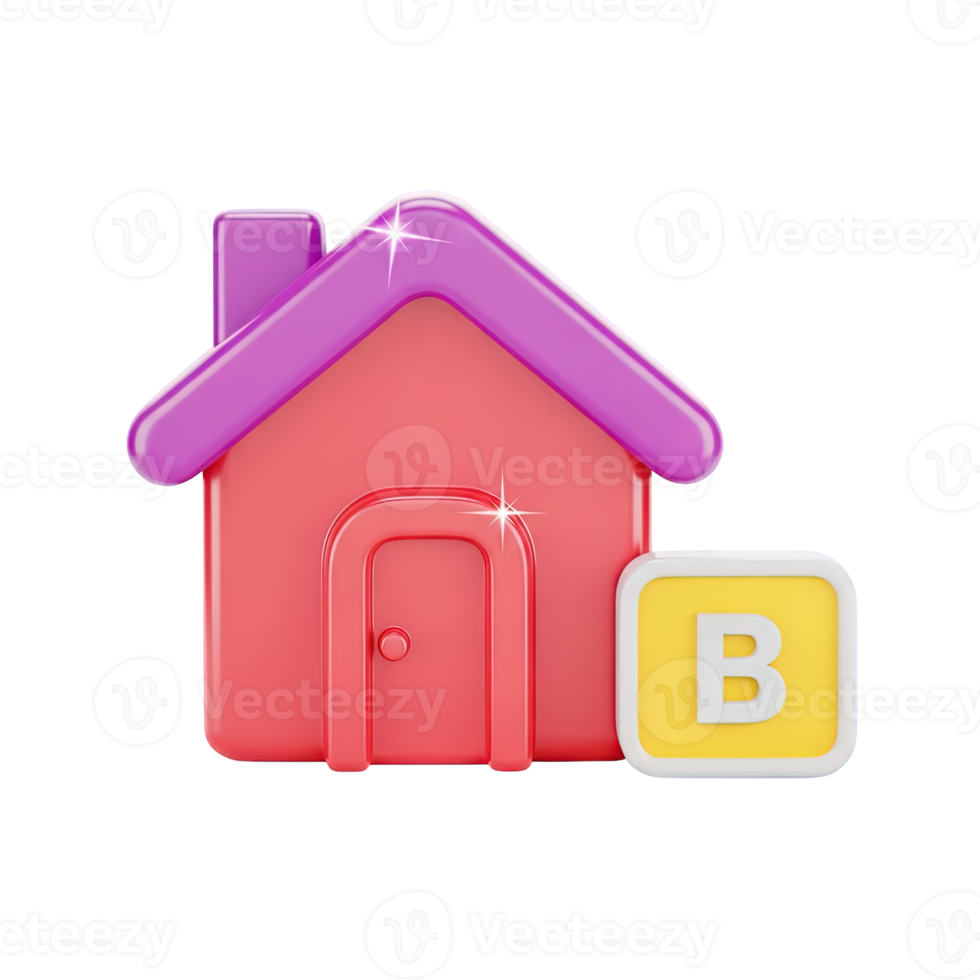 House with B letter 3D icon for real estate, property branding, or home services. Isolated render for housing apps, construction logos, community visuals. Unique residential graphic. png