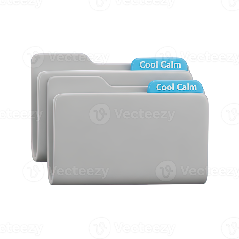 Stack of grey folders 3D icon labeled Cool Calm for organized file management. Isolated render for project archives, cloud services, office software. Neat graphic for digital systems. png