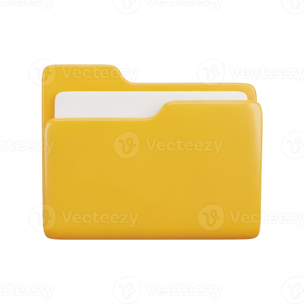 Yellow folder 3D icon for file organization, document storage, and data management. Isolated render for computer UIs, cloud services, project apps. Classic graphic for archives. png