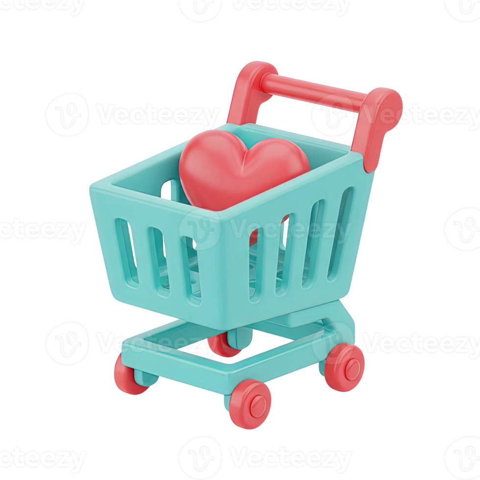 Shopping cart with heart 3D icon for favorite products, wishlist, or customer loyalty in ecommerce. Isolated render for online retail apps, user profiles. Cherished purchase graphic. png