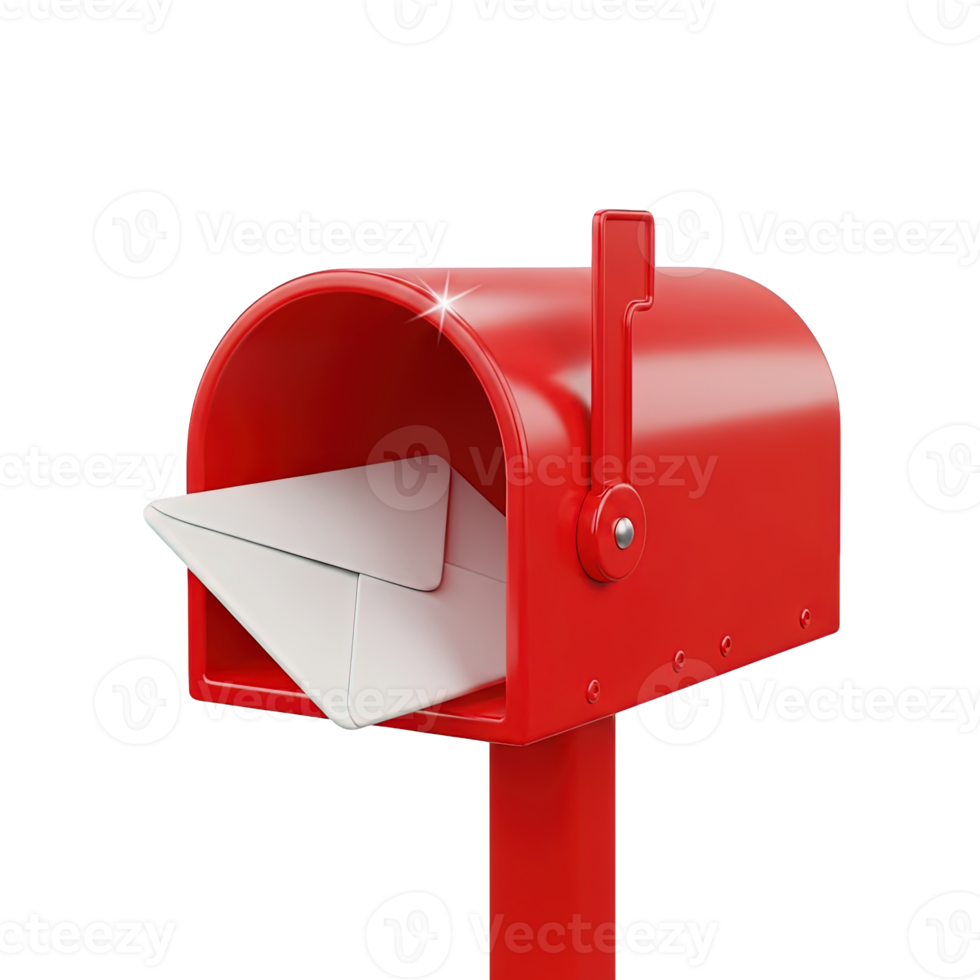 Red mailbox 3D icon for mail communication and messages. This isolated render suits email alerts, postal themes, UI design. A modern graphic for web apps and digital messaging. png