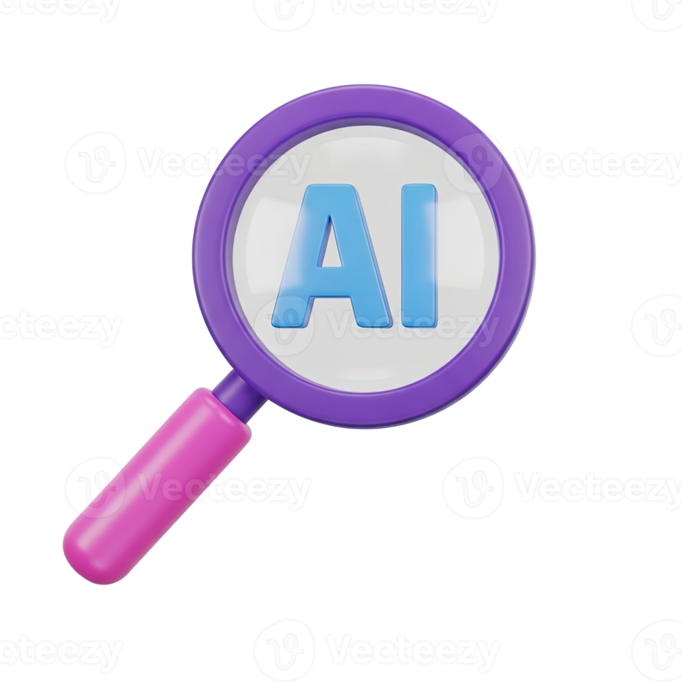 AI search 3D icon with magnifying glass over AI text for artificial intelligence research. Isolated render for tech blogs, data analysis tools. Modern graphic for intelligent search. png