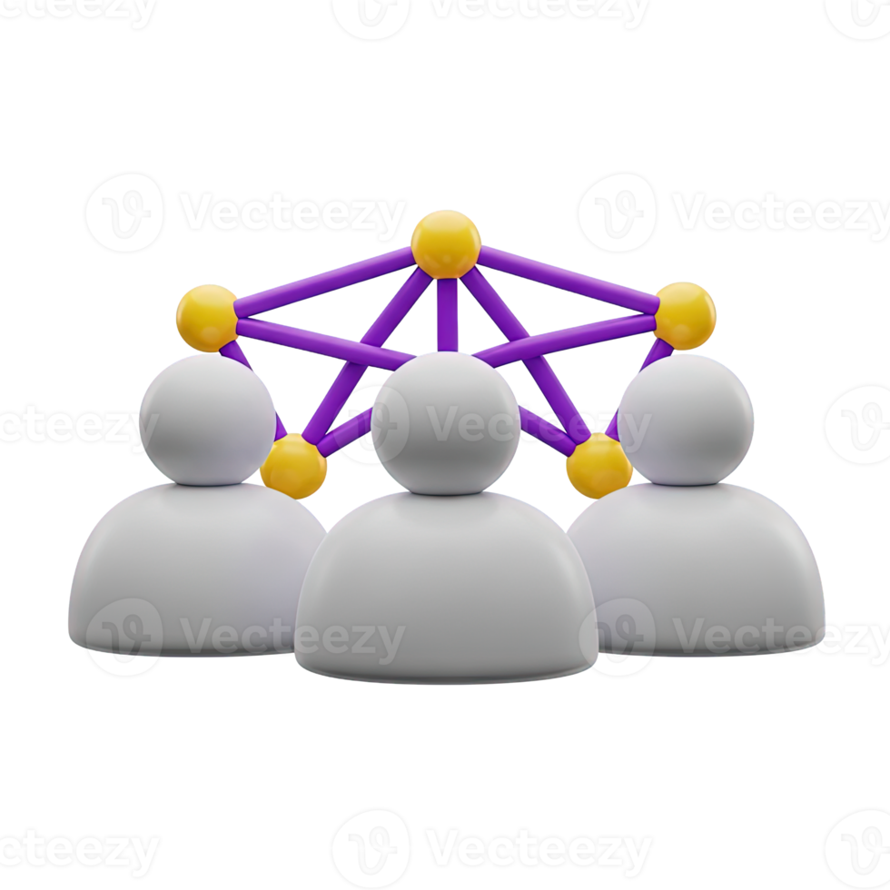 Network of people 3D icon for teamwork, community, and social connections. Isolated render for collaboration platforms, HR software, organizational visuals. Modern group graphic. png