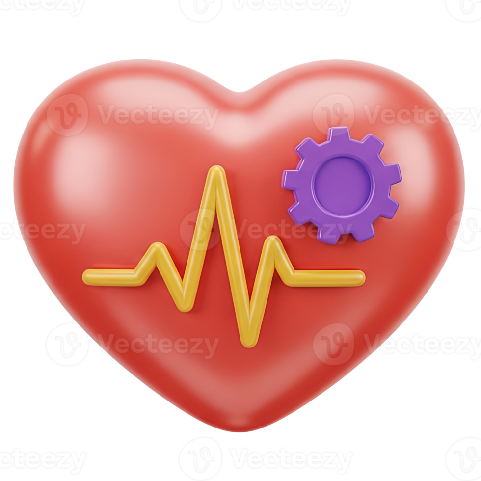 Heart with EKG line and gear 3D icon for cardiac health tech or medical device innovation. Isolated render for cardiology websites, healthcare apps. Detailed heart monitor graphic. png