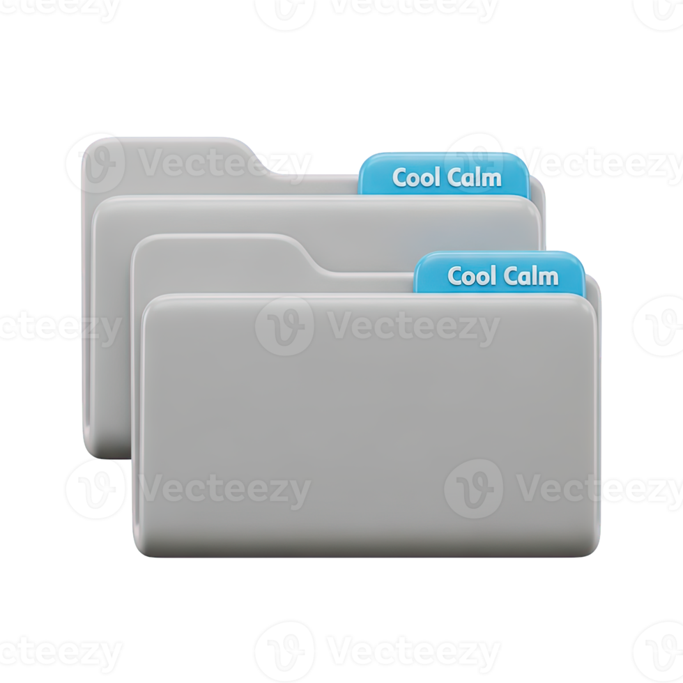 Grey stacked folders 3D icon with Cool Calm labels for document organization and data archiving. Isolated render for file system UIs, business apps. Clean graphic for info management. png
