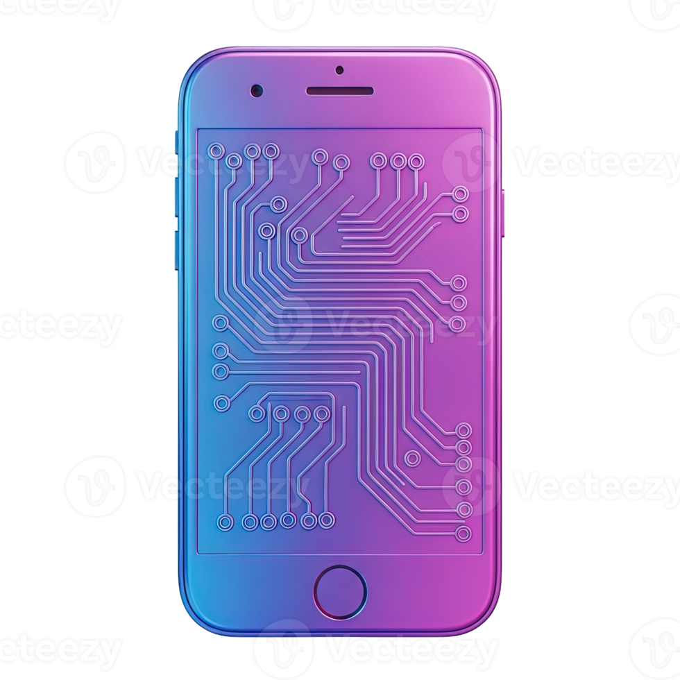 Smartphone with circuit display 3D icon for mobile technology and digital innovation. Isolated render for app development, tech blogs, telecom presentations. Futuristic smart device graphic. png