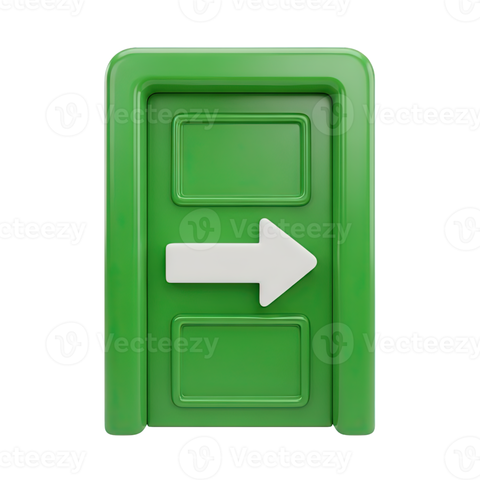 Green exit door 3D icon for escape, logout, or departure. Isolated render for UI navigation, emergency exit signs, process termination. Clear graphic for web apps and safety. png