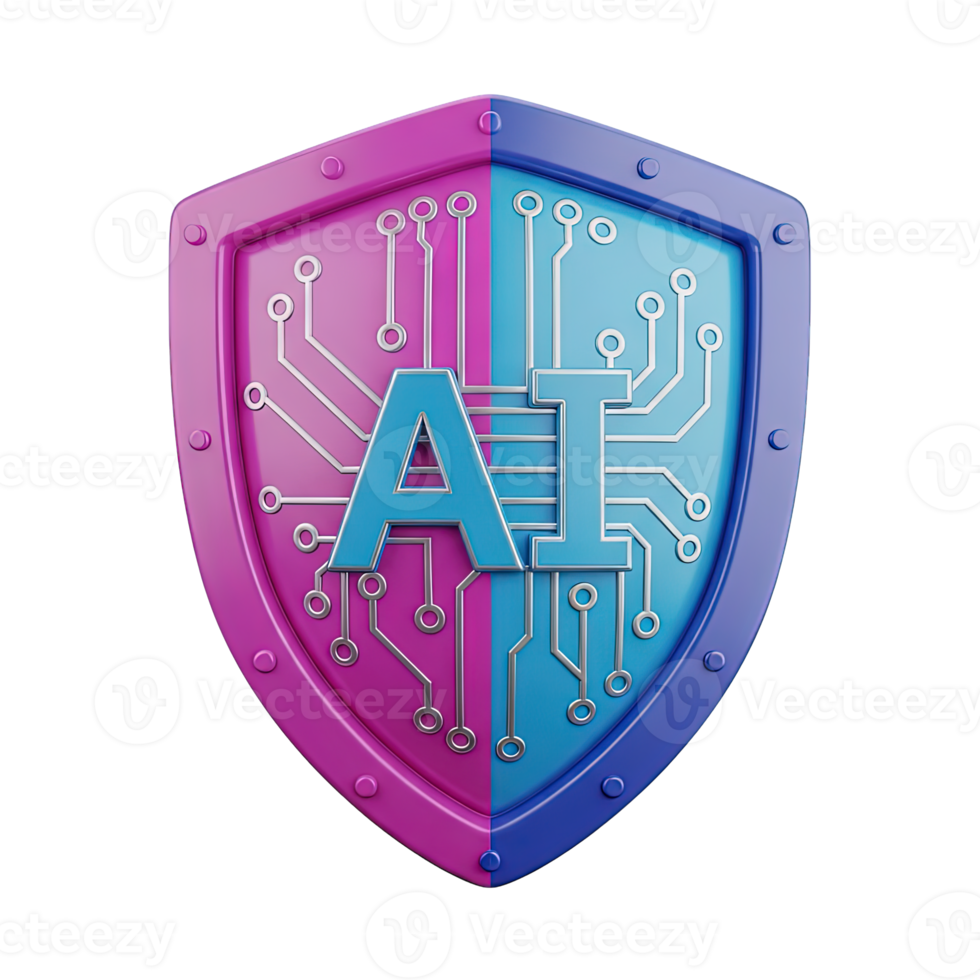 AI security shield 3D icon with circuit pattern for cybersecurity and data protection. Isolated render for AI safety, antivirus software, privacy tech. Modern digital defense graphic. png