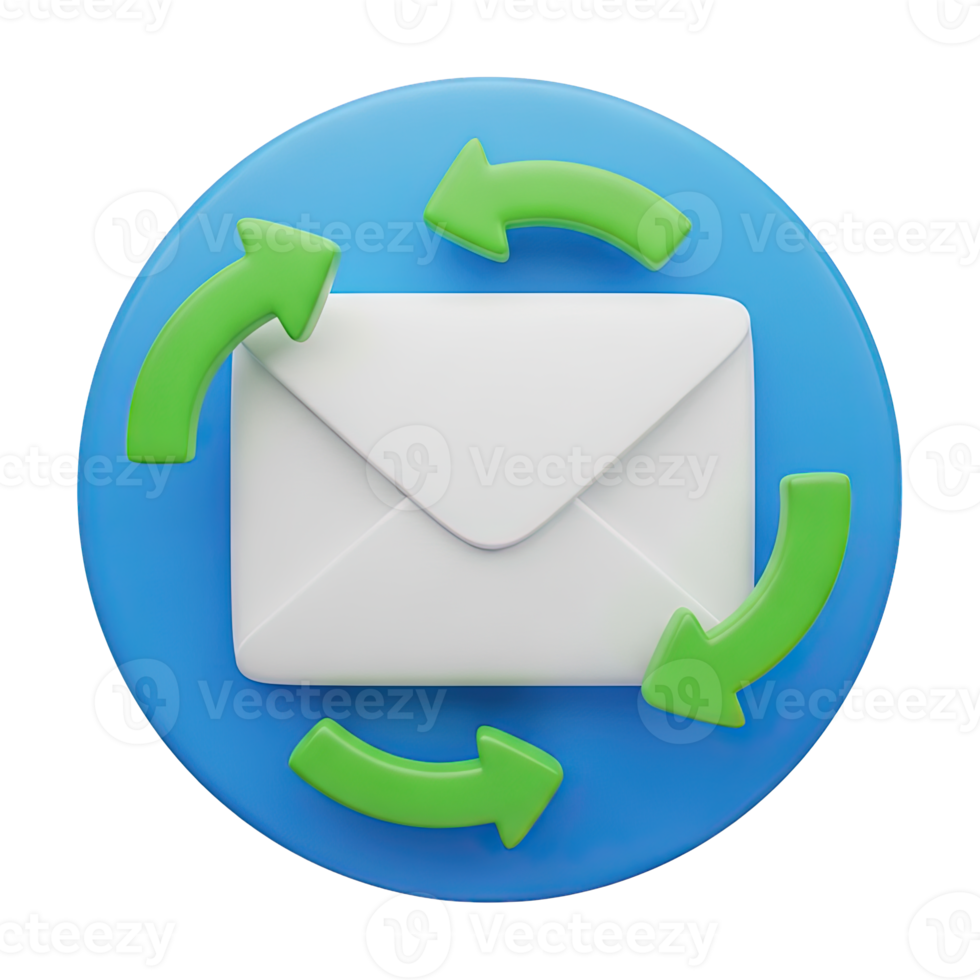 Email refresh 3D icon for syncing mail and message updates. Isolated render for inbox reloads, newsletter cycles, communication app UIs. Modern graphic for digital platforms. png