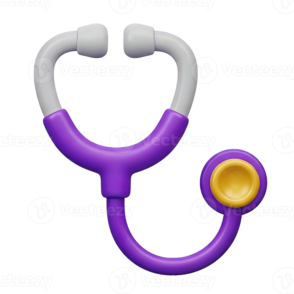 Professional purple and yellow stethoscope 3d model for medical healthcare and diagnostic themes ideal for websites apps presentations or symbolizing doctors clinics and general practitioners services png