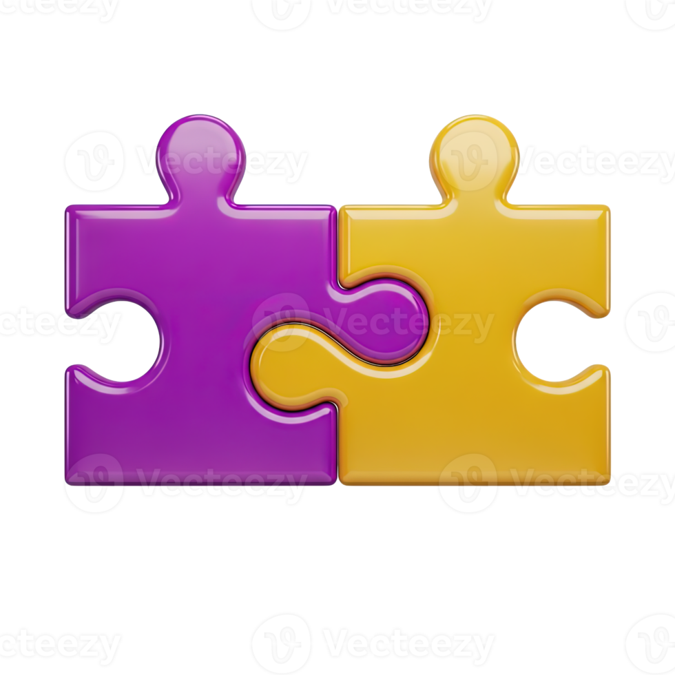 Two puzzle pieces a purple and a yellow one fitting together symbolizing solution connection partnership problem solving strategy compatibility or teamwork for projects and ideas creation png