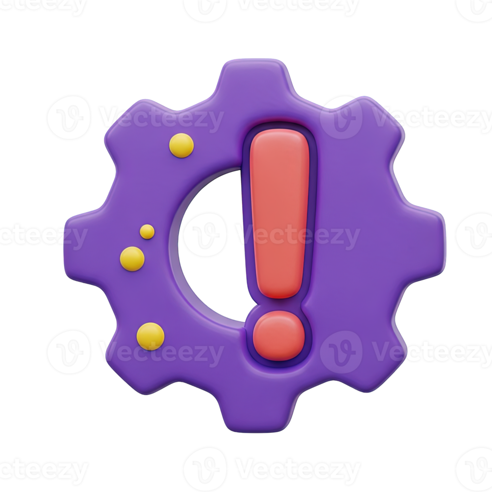 Purple gear or cogwheel with a red exclamation mark inside symbolizing a system error a settings warning a mechanical fault or a critical process alert requiring immediate checkups png