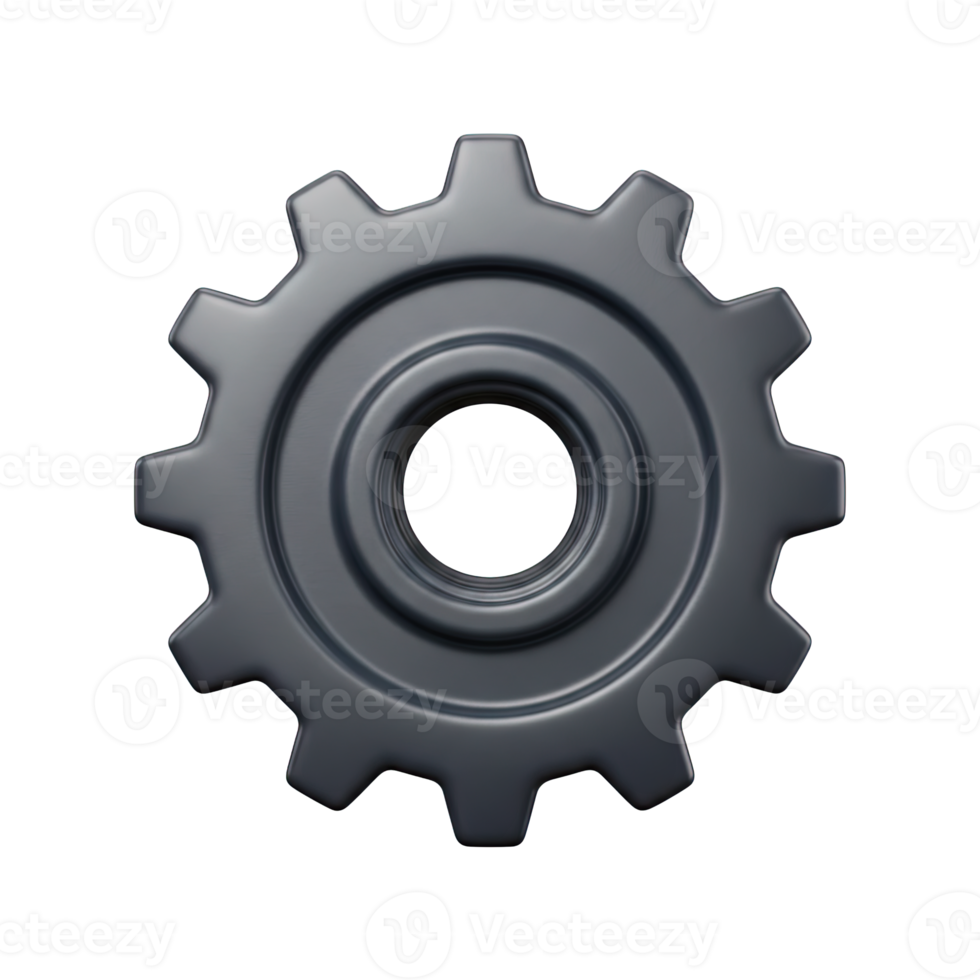 Detailed dark gray metallic gear symbol for illustrating mechanical functions engineering principles system settings or industrial operations suitable for technical diagrams and application UIs png