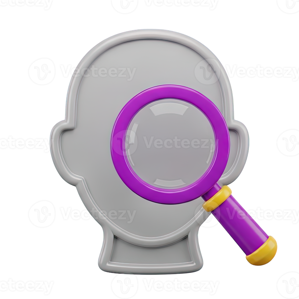 Profile analysis search 3D icon Head silhouette with a magnifying glass for user data research personnel screening or identity investigation concepts png