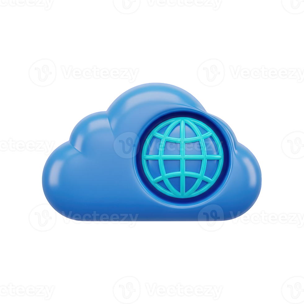 Worldwide cloud network 3D emblem Blue cloud icon featuring a globe representing global communication data services and internet accessibility technology png