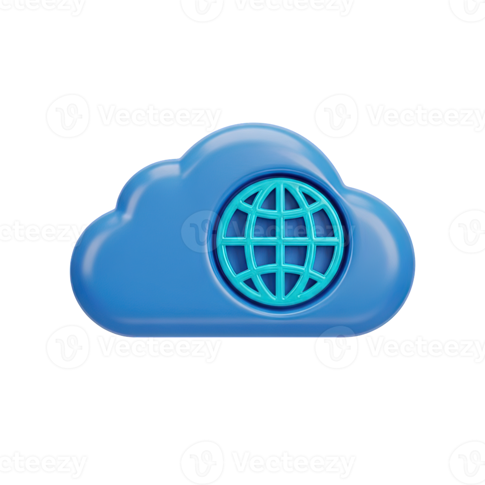 Global cloud computing 3D icon Blue cloud with world globe symbolizes international data storage networks and online connectivity Rendered for web app design png