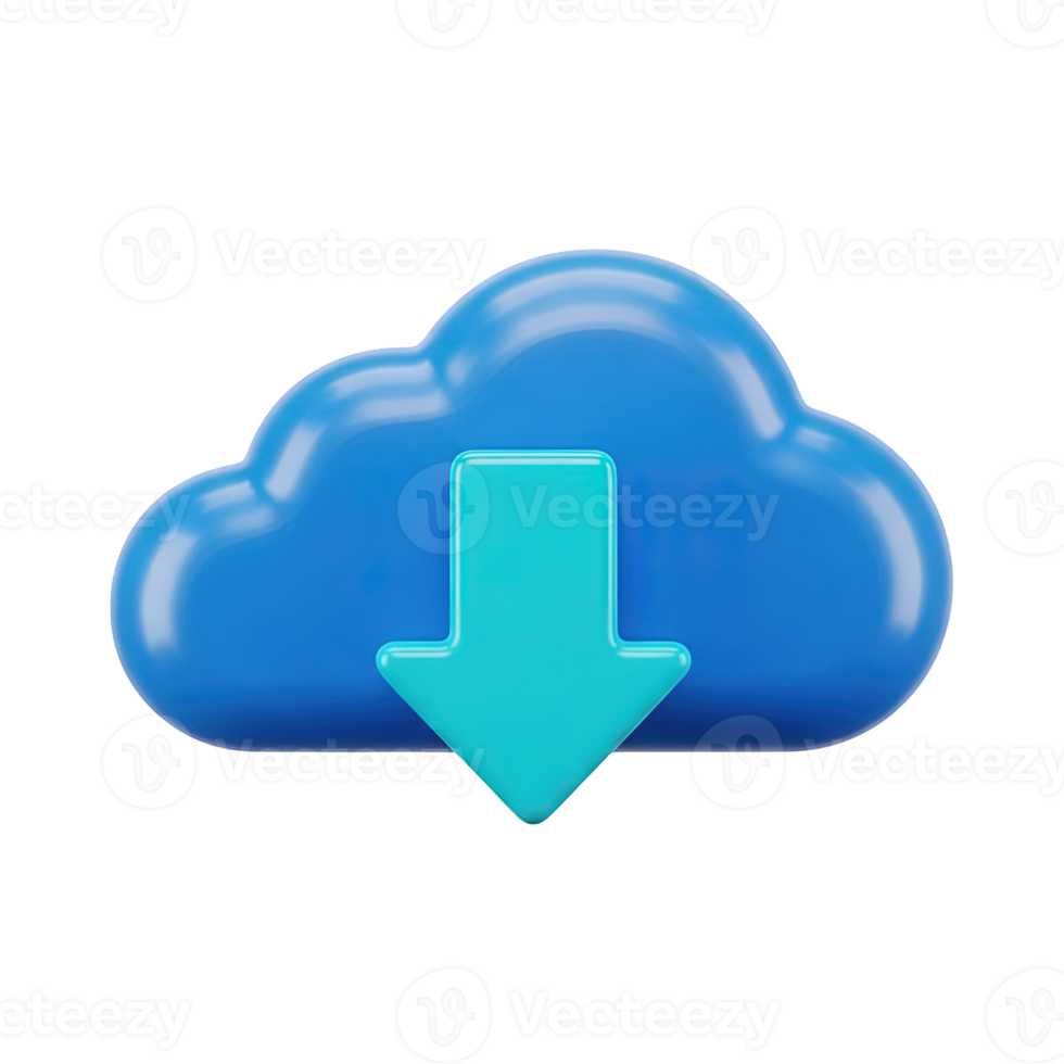 Cloud download 3D symbol Blue cloud icon with a downward arrow signifying data retrieval file download or software update from online storage servers png