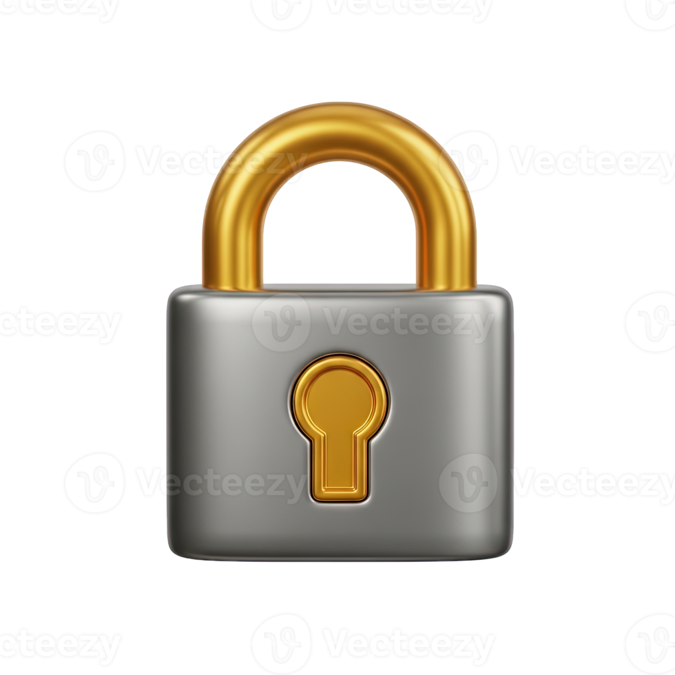 Security padlock lock 3D icon Grey and gold padlock symbolizing security protection privacy safety access control or data encryption for applications png