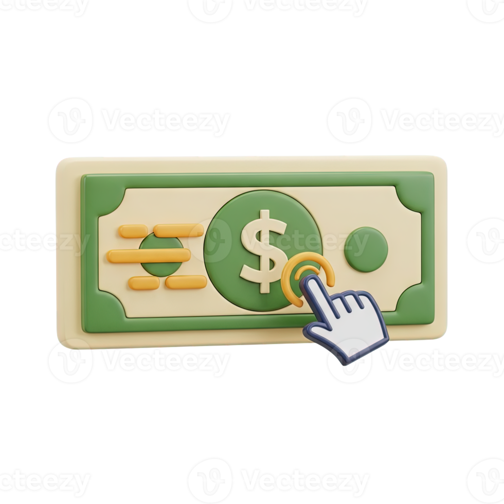 Financial transaction click 3D icon Dollar currency bill with a cursor pointer symbolizing online money transfer digital payment or ecommerce checkout png