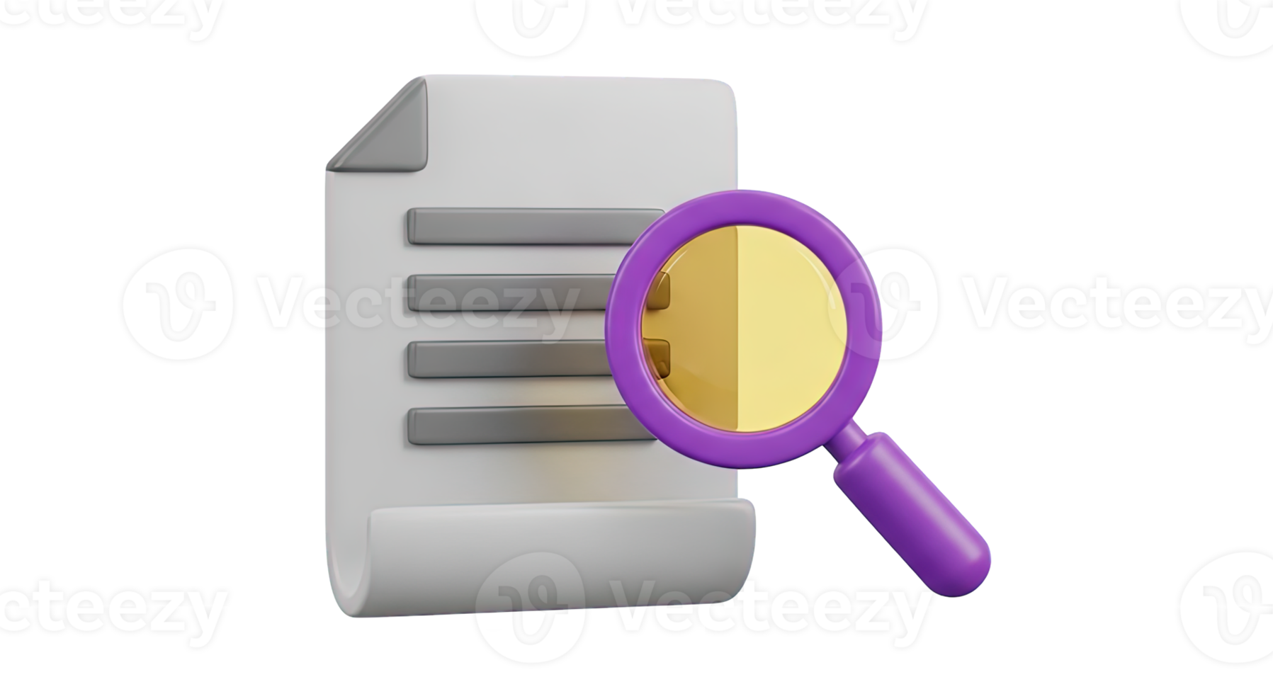 Document search analysis 3D icon Paper document with a magnifying glass symbolizing file search content review data analysis or information retrieval tool png