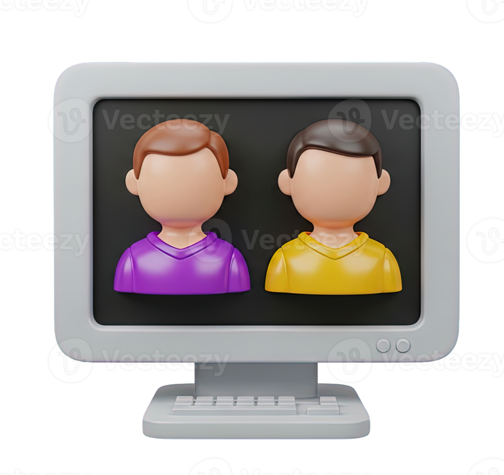conference call 3D icon Computer monitor displaying two user avatars symbolizing online meeting virtual communication remote work or webinar interface png