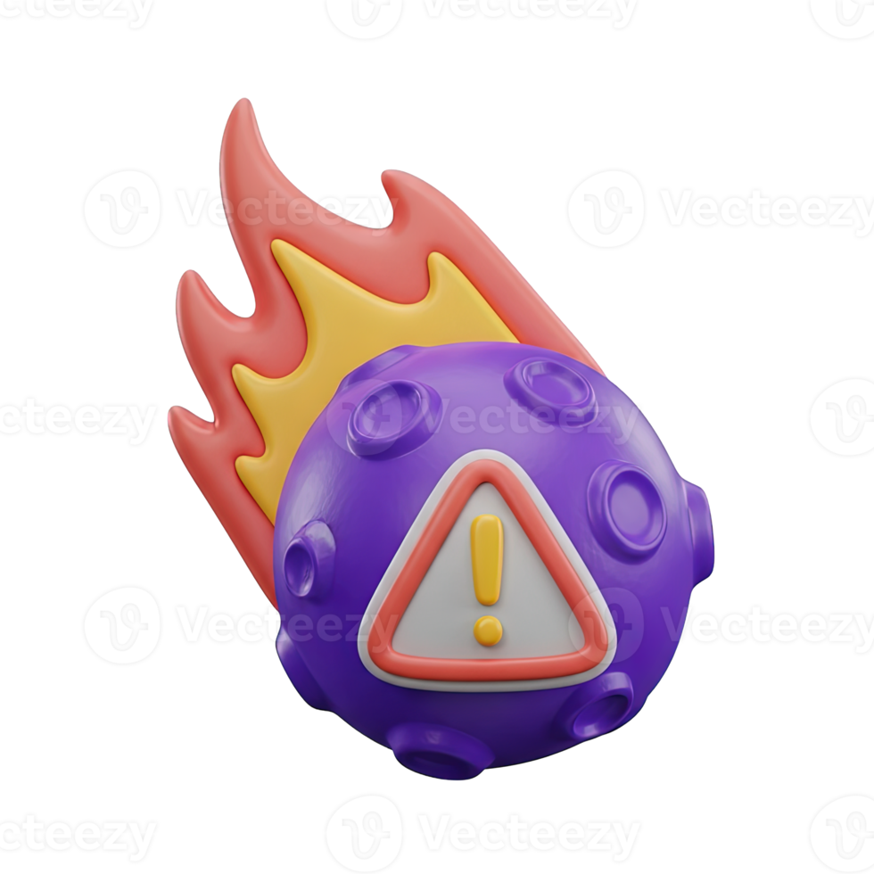 Asteroid impact warning 3D icon Meteor or asteroid with a warning sign symbolizing disaster alert risk assessment space threat or impending danger png