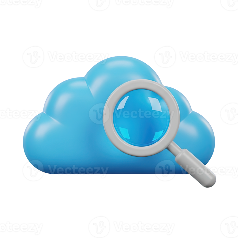 Cloud search functionality 3D icon Blue cloud with a magnifying glass symbolizing searching within cloud storage data discovery or online information retrieval png