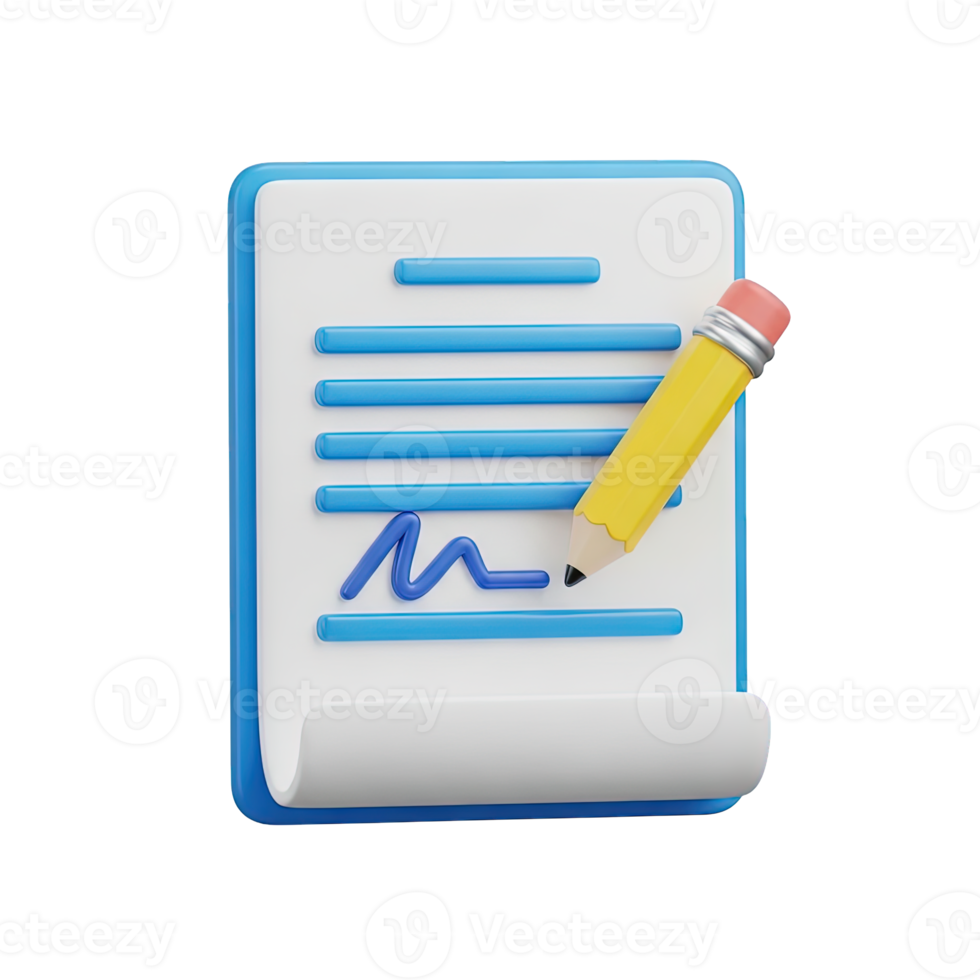 Document signing contract 3D icon Paper document with a pencil signing a signature symbolizing agreement contract approval legal document or official record png