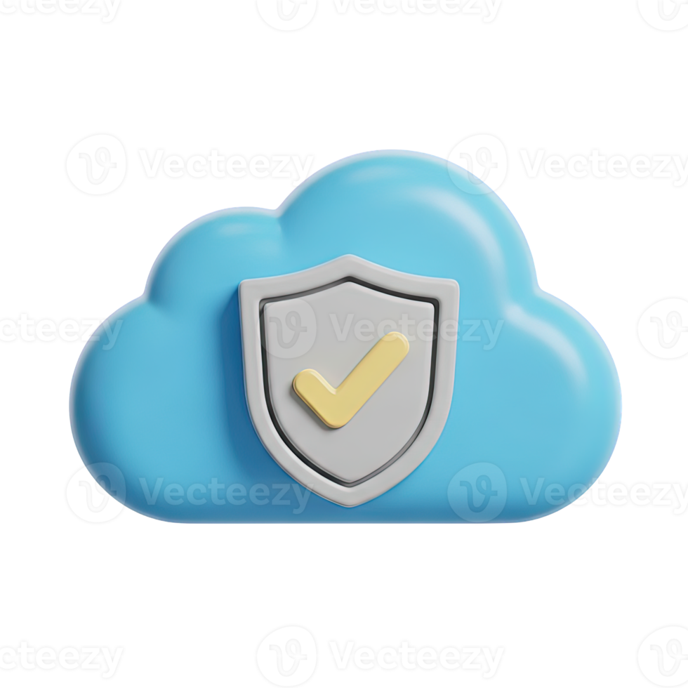 Secure cloud storage 3D badge Blue cloud icon with a shield and checkmark symbolizing data protection security measures and verified cloud safety png