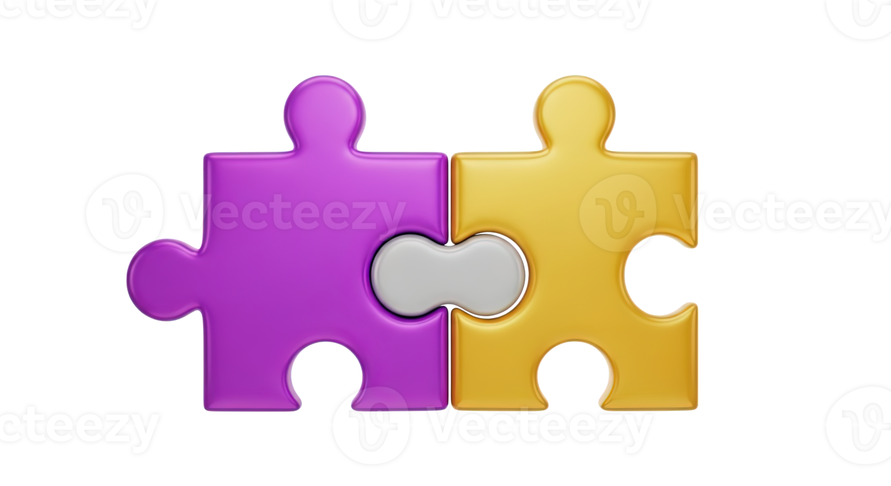 Puzzle connection solution 3D icon Two interlocking puzzle pieces in purple and yellow symbolizing connection teamwork problem solving or solution integration png