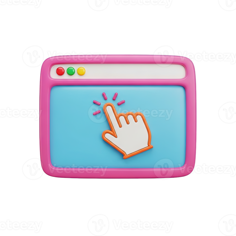 Web browser interaction 3D icon Pink browser window with a hand cursor clicking representing website navigation online interaction or user interface click png