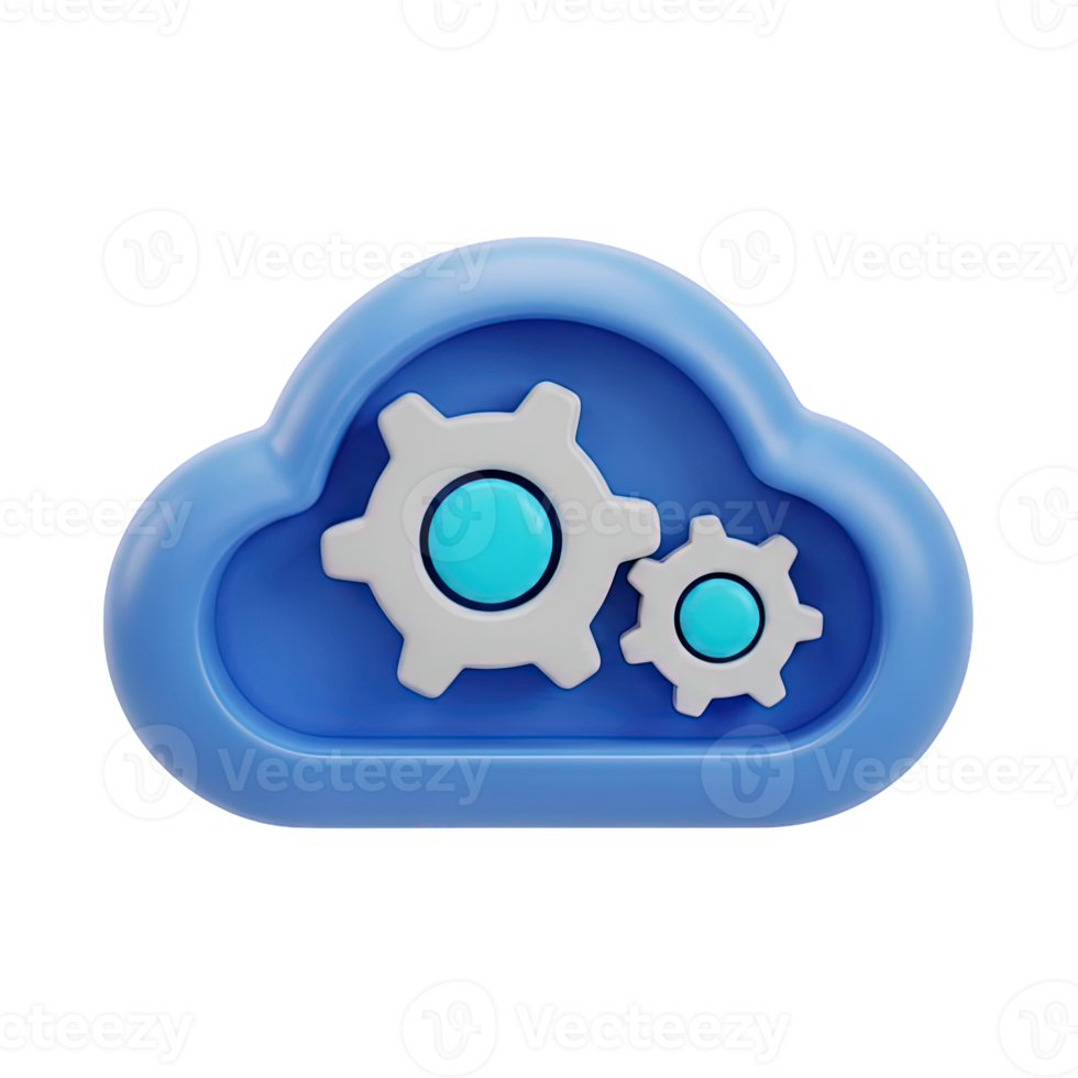 Cloud settings configuration 3D emblem Blue cloud icon with gears representing cloud service management system preferences and technical processing png