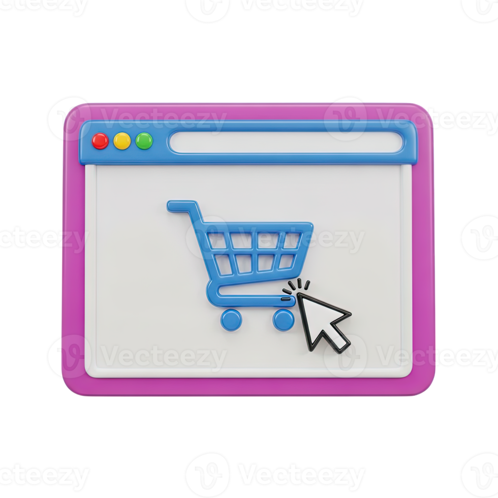 Online shopping cart 3D icon Web browser window showing a shopping cart with a cursor clicking representing ecommerce checkout online purchase or web store png