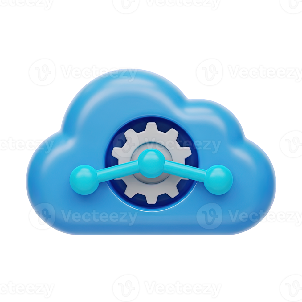 Cloud processing engine 3D logo Blue cloud symbol with internal gears representing data processing cloud automation and backend system operations technology png