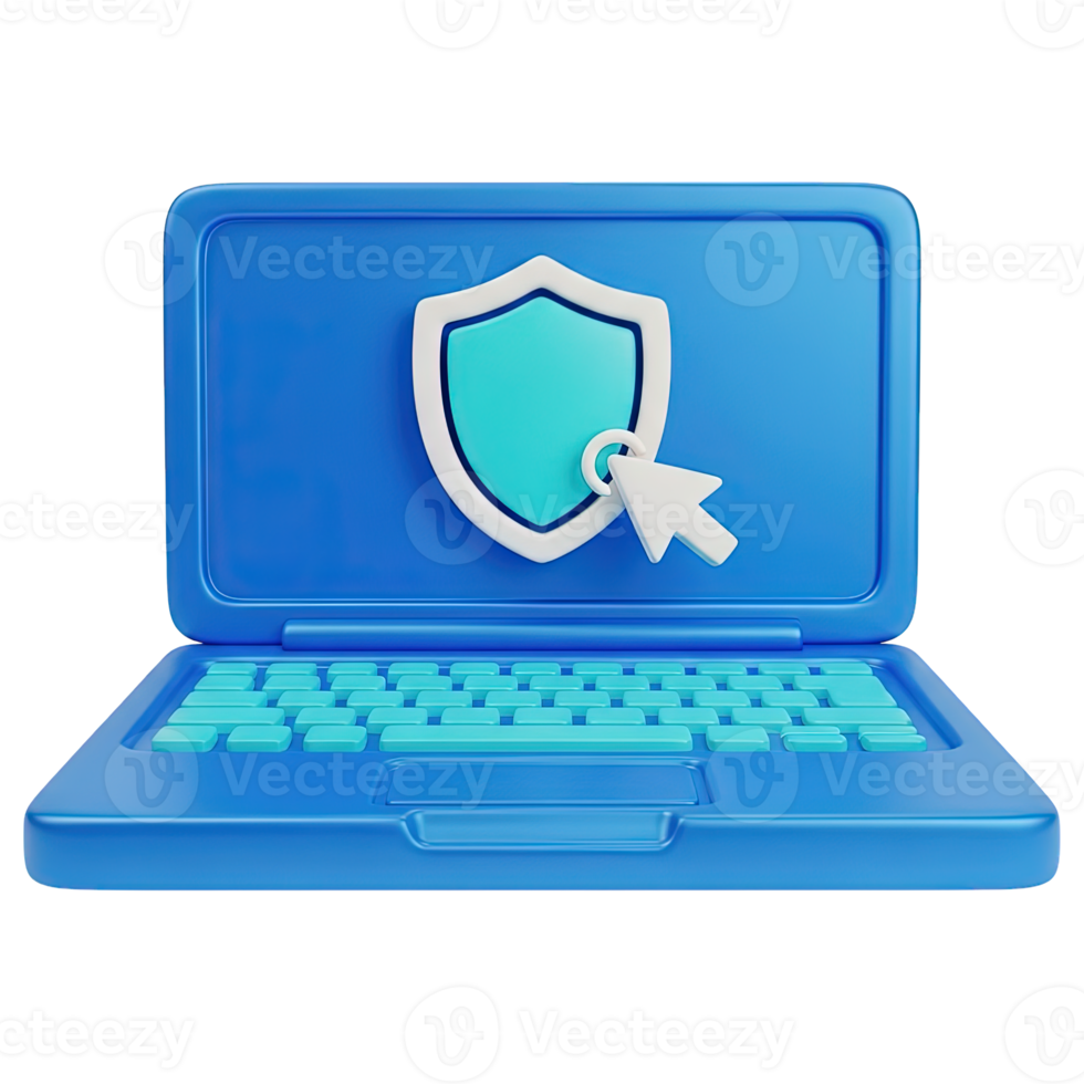 Laptop security protection 3D icon Blue laptop with a shield and checkmark on screen symbolizing cybersecurity antivirus software data safety or secure computing png