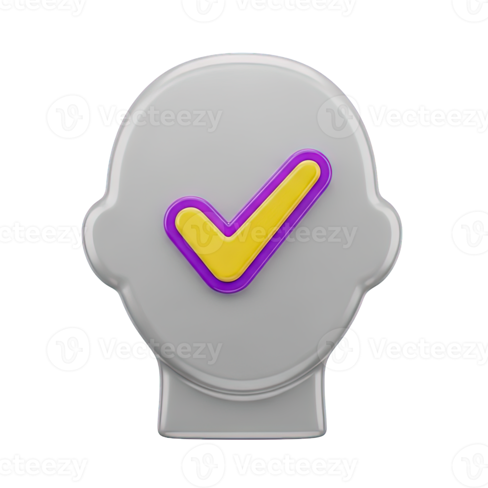 3D rendered icon of a stylized head with a yellow checkmark symbolizing approval verification success or a completed task for project management app png