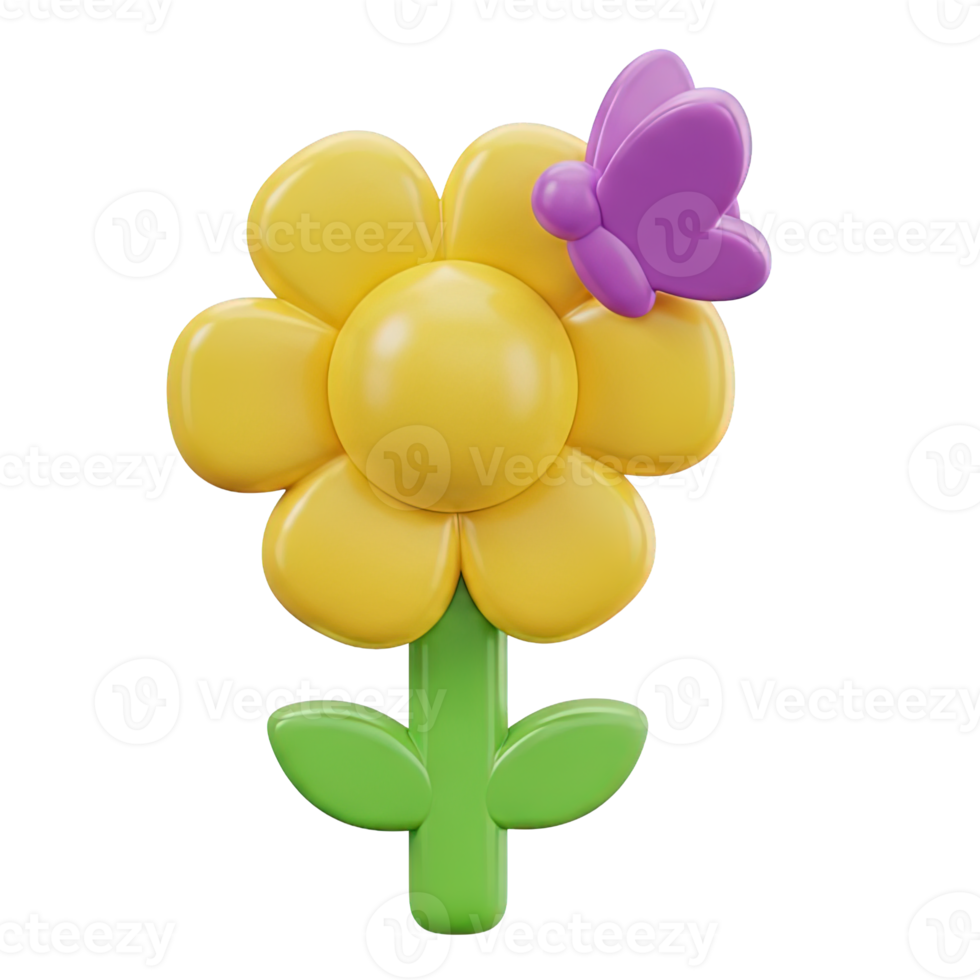 3D rendered icon of a yellow flower with a purple butterfly symbolizing nature beauty spring bloom pollination or delicate ecosystem balance png