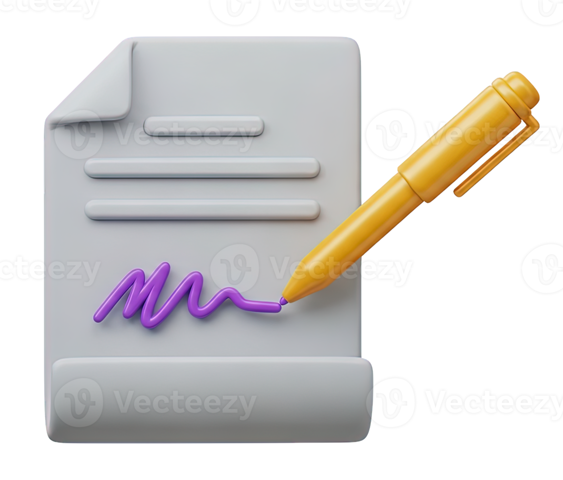 3D rendered icon of a document with a signature and a pen symbolizing contract agreement legal document signing or official paperwork approval png