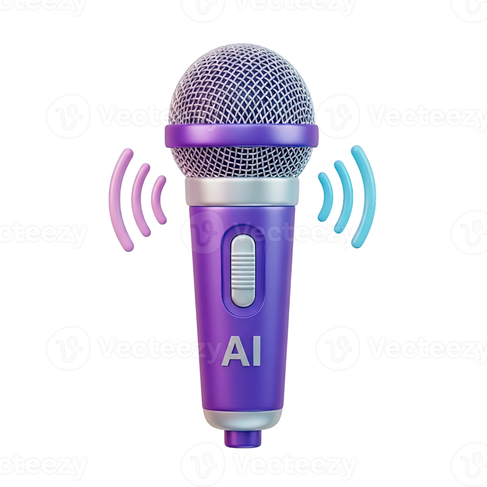 3D rendered icon of a vibrant microphone with AI text and sound waves for artificial intelligence voice control smart assistance or audio tech png