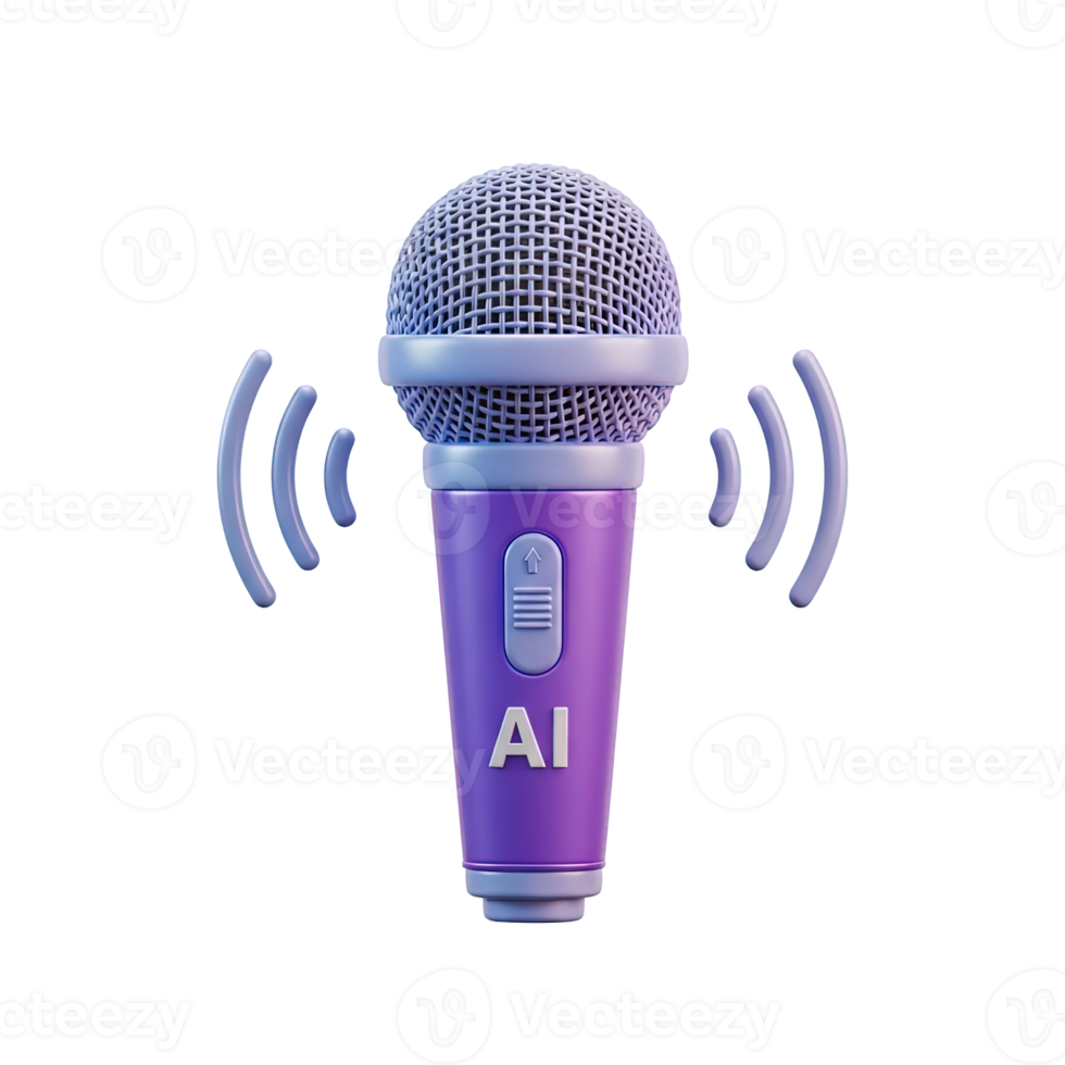 3D rendered icon of a purple microphone with AI text and sound waves representing artificial intelligence voice assistant smart speaker or tech png