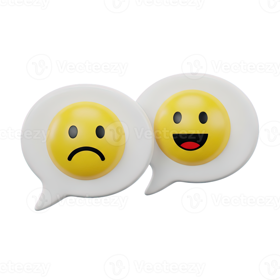3D rendered icon of two speech bubbles with sad and happy emojis representing customer feedback sentiment analysis or online review ratings chat png