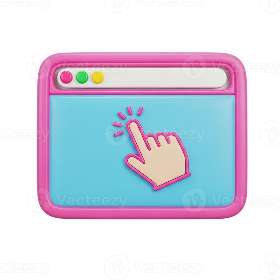 3D rendered icon of a browser window with a hand cursor clicking representing website interaction user interface navigation or online click action png